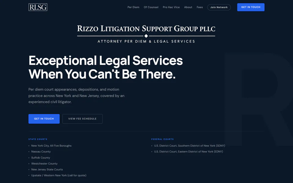 rizzolsg.com homepage on desktop: navy background, firm wordmark, headline and a list of the state and federal courts covered