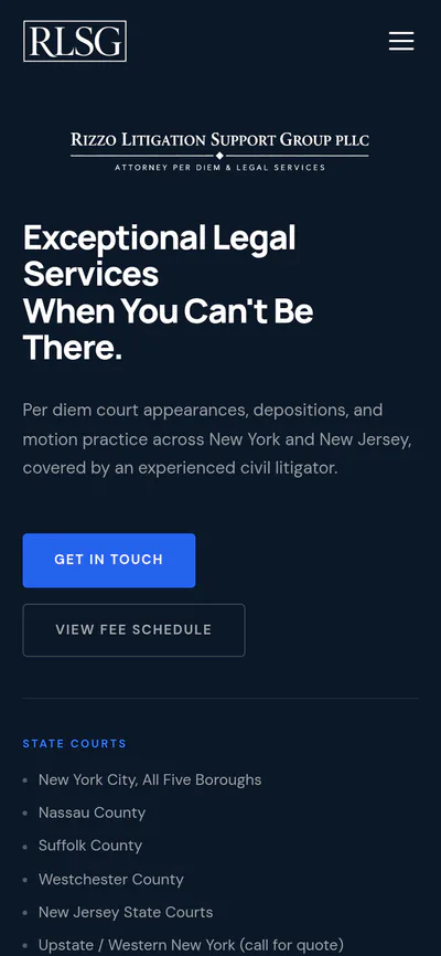 rizzolsg.com on a phone, showing the headline Exceptional Legal Services When You Can't Be There