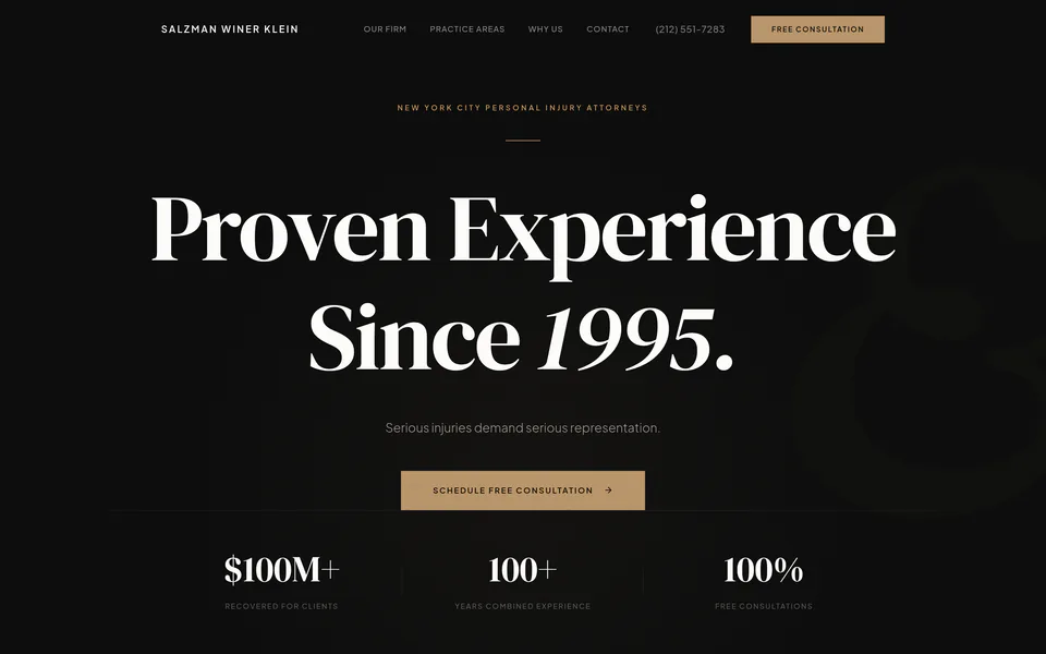 Homepage of swknylaw.com, a Manhattan personal injury firm, with the headline Proven Experience Since 1995