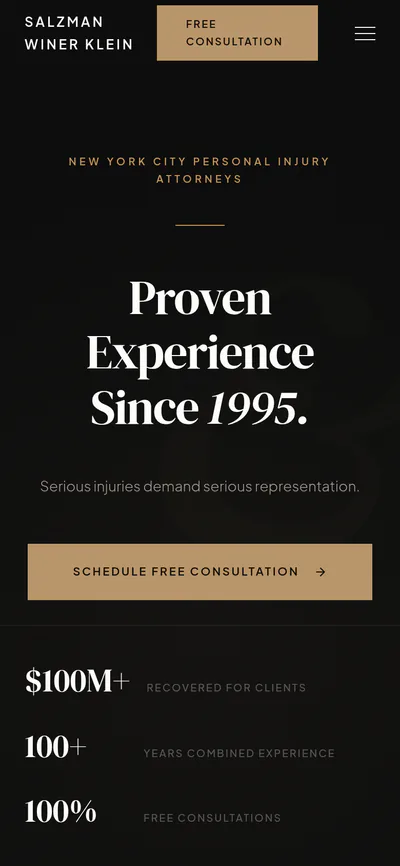 The same swknylaw.com homepage on a phone, with the headline and consultation button stacked